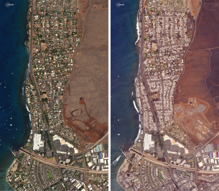 Image: Before and after satellite images of the destruction in Lahaina, captured on Sept. 2022 and on Wednesday.