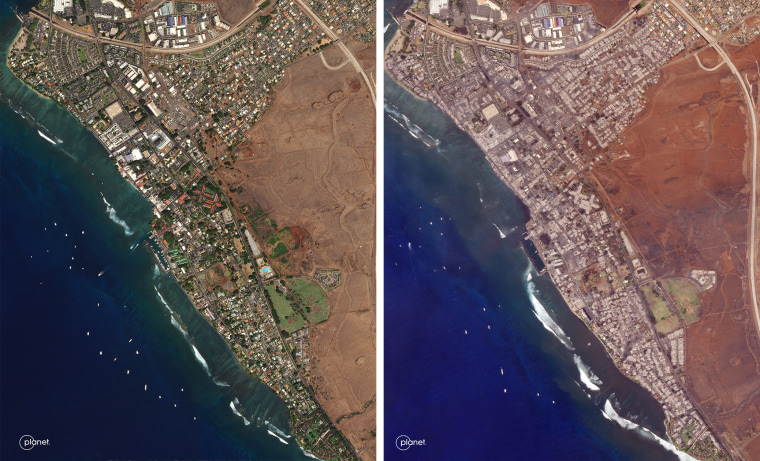 Image: Before and after satellite images of the destruction in Lahaina, captured on Sept. 2022 and on Wednesday.