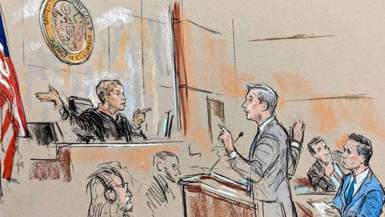 A sketch of Thomas Windom speaking with Judge Tanya Chutkan in court