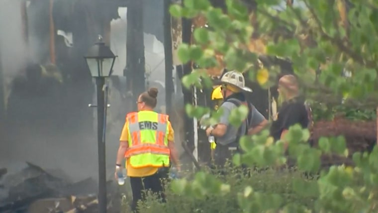 Emergency crews respond to an explosion in Plum, Pa., on Aug. 12, 2023.