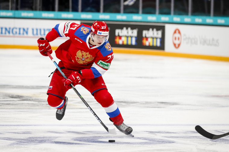 Rodion Amirov plays for Russia against Finland during the Icehockey Karjala Tournament in Helsinki on Nov. 5, 2020.