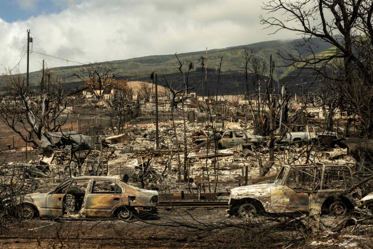Burned out cars and destroyed buildings in Lahaina, Hawaii, on Aug. 14, 2023.