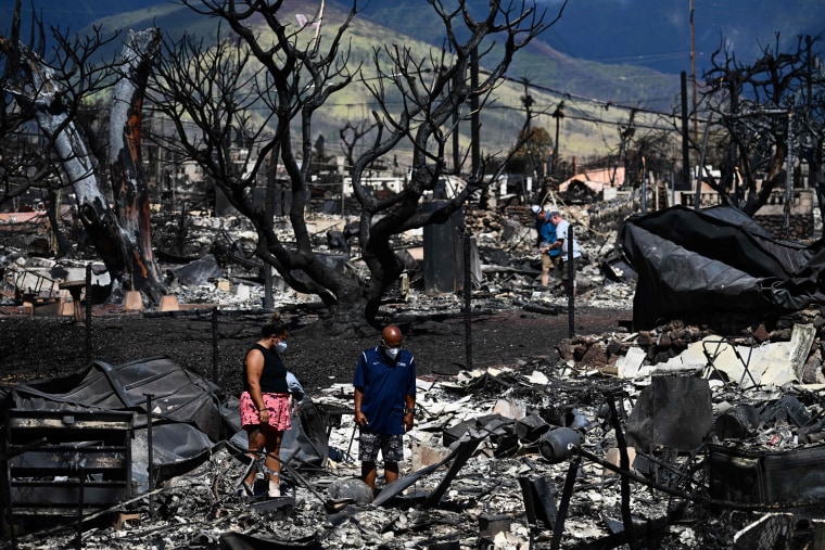 Taylor Ganer and Hano Ganer search for their belongings in the ashes of their family's burnt-down house in Lahaina, Hawaii