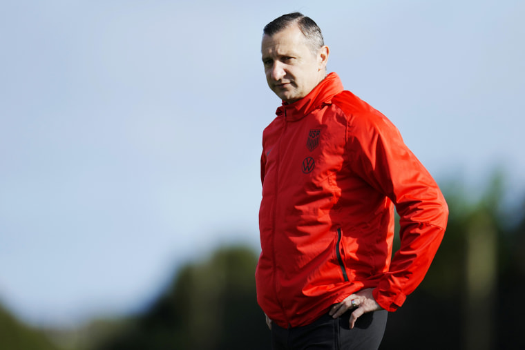 FILE - U.S. coach Vlatko Andonovski stands on the field during a FIFA Women's World Cup team practice at Bay City Park in Auckland, New Zealand, July 23, 2023. Andonovski has resigned, a person familiar with the decision told The Associated Press on Wednesday, Aug. 16. The move comes less than two weeks after the Americans were knocked out of the Women's World Cup earlier than ever before.
