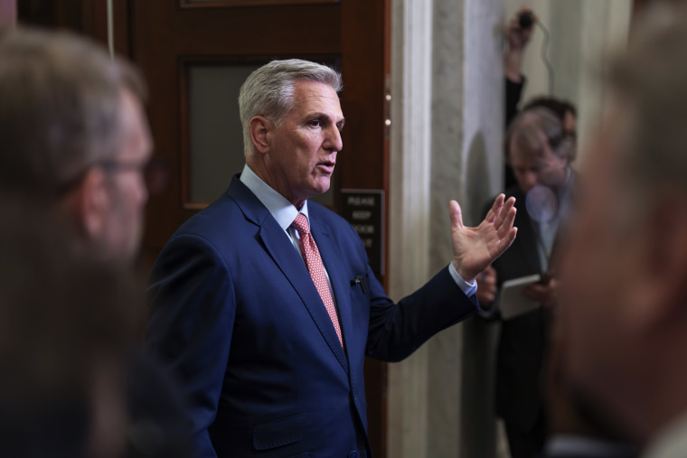 Speaker of the House Kevin McCarthy talks to reporters at the Capitol