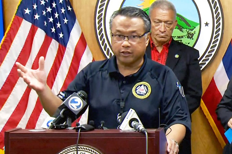 Herman Andaya, Maui County Emergency Management Agency Administrator speaks to the media in Maui, Hawaii, on Aug. 16, 2023.