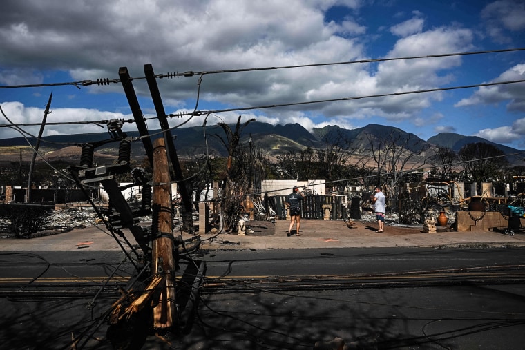 Image: Downed power lines block a road as people feed chickens outside a burnt home in the aftermath of a wildfire in Lahaina, western Maui, Hawaii on Aug. 11, 2023.