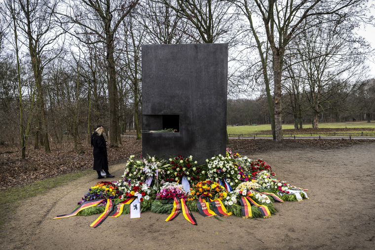 Wreaths are placed at the main memorial that commemorates homosexual victims of persecution by the Nazis on Jan. 27, 2023 in Berlin.