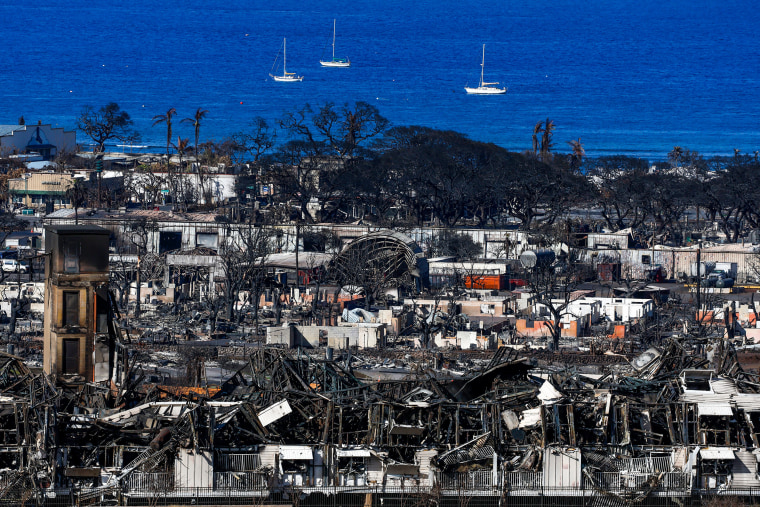 Homes and businesses lay in ruins  in Lahaina, Maui on Aug. 16, 2023.