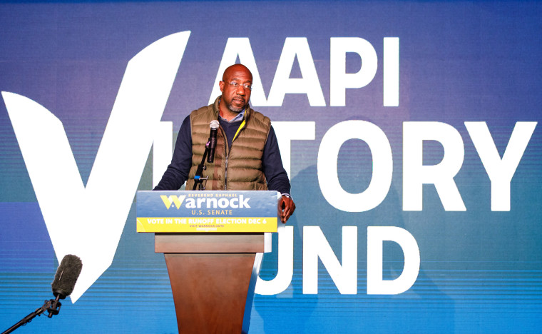 Sen. Raphael Warnock, D-Ga., at a 'Get Out The Vote' event hosted by The AAPI Victory Fund and Warnock for Georgia in Atlanta, in 2022.