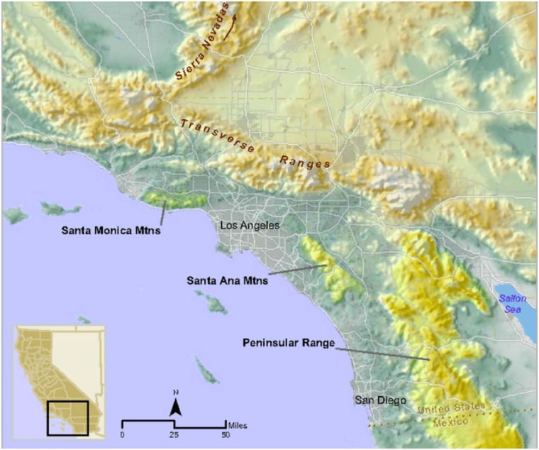 A computer model shows the areas of greatest concern for rainfall for the California area.