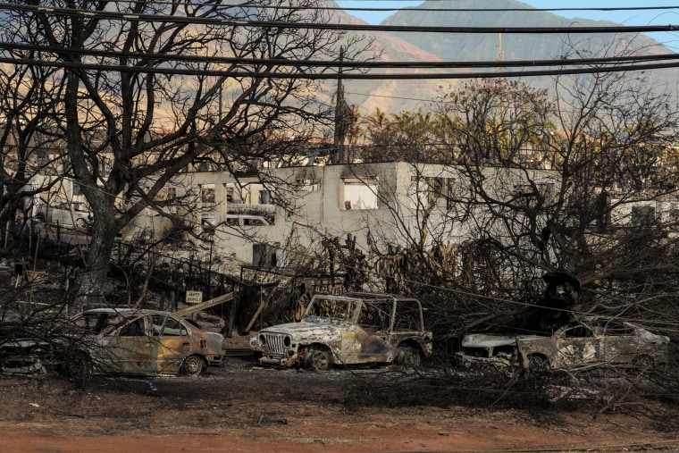 Burnt cars and buildings in Lahaina town Maui, Hawaii on Aug. 16, 2023.