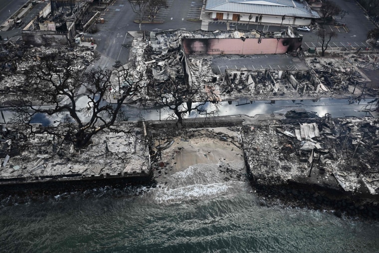 An aerial image taken on Aug. 10, 2023 shows destroyed homes and buildings on the waterfront burned to the ground in Lahaina in the aftermath of wildfires in western Maui, Hawaii. 