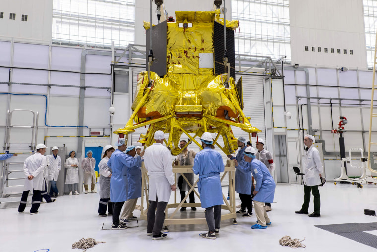 Technicians install the Luna-25 rover at the Vostochny cosmodrome in the Amur region of Russia on July 13, 2023.