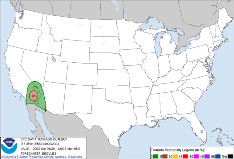 A map shows tornado probability in parts of California, Nevada and Arizona.
