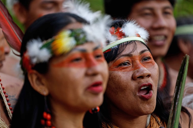 Members of the Waorani indigenous community demonstrate for a "Yes" vote in the referendum to end oil drilling in the Yasuni National Park on Aug. 14, 2023, in Quito, Ecuador.