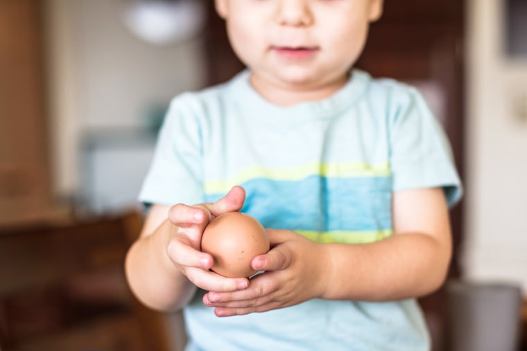 close up of toddler boy holding brown egg in hands