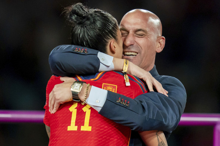 Luis Rubiales, president of the Spanish soccer federation, hugs Spanish soccer star Jenni Hermoso after the Women's World Cup Final in Sydney on Aug. 20, 2023.