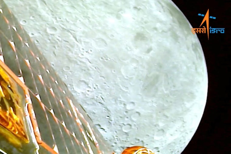 A view of the moon as viewed by the Chandrayaan-3 lander during Lunar Orbit Insertion on August 5, 2023 in this screengrab from a video released August 6, 2023.