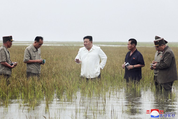 Kim Jong Un wading through a flooded field in North Korea