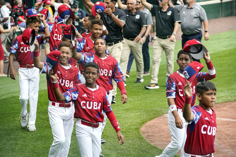 Image: The Cuba Region champion Little League team from Bayamo, Cuba, participates in the opening ceremony of the 2023 Little League World Series tournament in South Williamsport, Pa., on Aug. 16, 2023. 