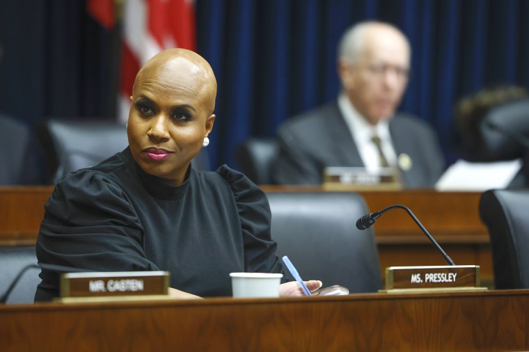 WASHINGTON, DC - MAY 17: U.S. Rep. Ayanna Pressley (D-MA) participates in a House Financial Services Committee Hearing at the Rayburn House Office Building on May 17, 2023 in Washington, DC. The hearing was held to examine the recent failures of Silicon Valley Bank and Signature Bank. 
