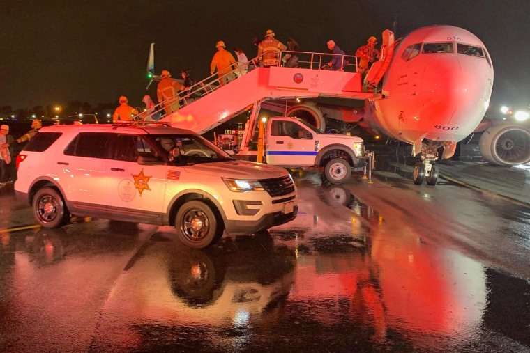 Alaska Airlines Flight 1288 after it landed at John Wayne Airport in Orange County, Calif., Aug. 21, 2023.