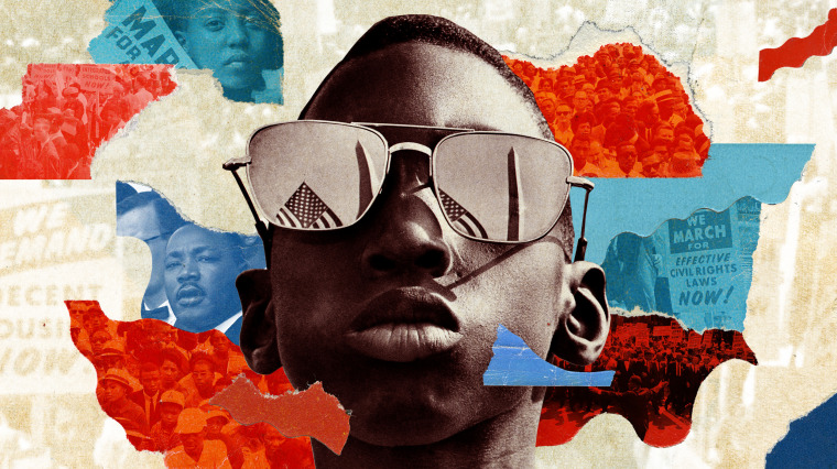 Photo illustration of scenes from the March on Washington in 1963, including: Martin Luther King Jr.; a young boy with the Washington monument and American flag reflected in his sunglasses; crowds walking with signs demanding civil rights. The style is tears of paper in red, blue and cream.