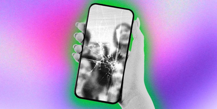 Photo Illustration: A cracked phone showing an image of a group of friends