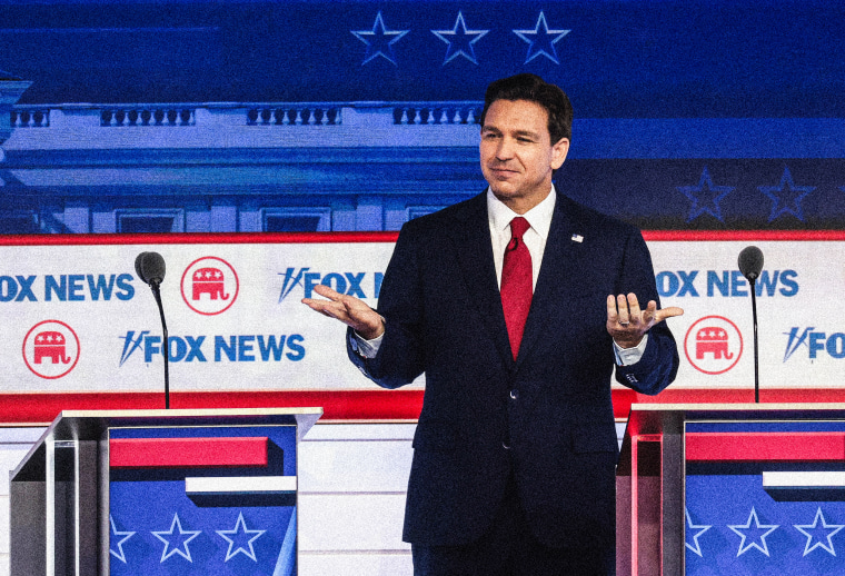Image: Florida Gov. Ron DeSantis participates in the first debate of the GOP primary season hosted by FOX News at the Fiserv Forum on Aug. 23, 2023 in Milwaukee.