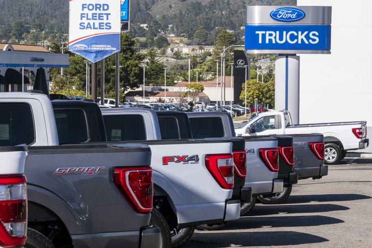 Ford F-150 pickup trucks at a dealership in Colma, Calif.