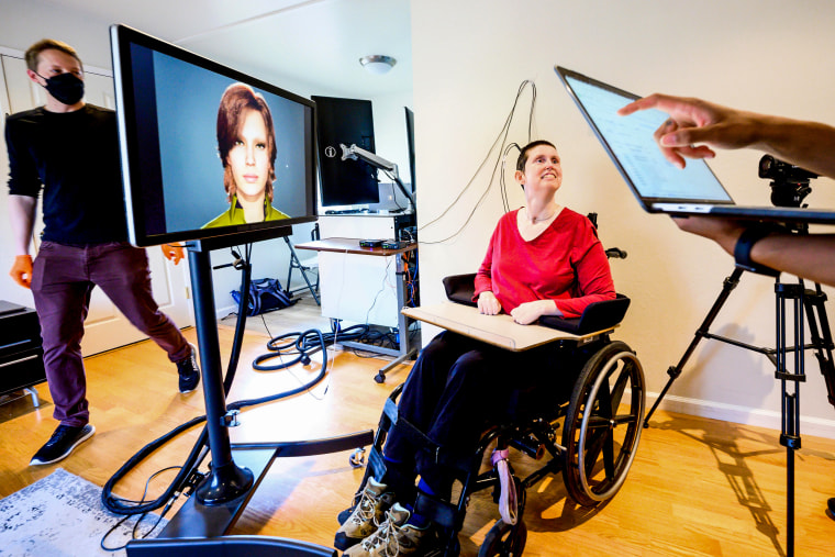 Ann, a research participant in the Eddie Chang study of speech neuroprostheses, uses a digital link wired to her cortex to interface with an avatar in El Cerrito, Calif., on May 22, 2023.