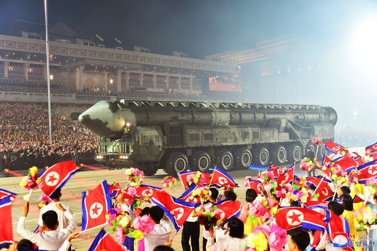 This picture taken on July 27, 2023 and released from North Korea's official Korean Central News Agency (KCNA) on July 28, 2023 shows an intercontinental ballistic missile (ICBM) being paraded at Kim Il Sung Square in Pyongyang to mark a key anniversary of the Korean War. (Photo by KCNA VIA KNS / AFP) / South Korea OUT / ---EDITORS NOTE--- RESTRICTED TO EDITORIAL USE - MANDATORY CREDIT "AFP PHOTO/KCNA VIA KNS" - NO MARKETING NO ADVERTISING CAMPAIGNS - DISTRIBUTED AS A SERVICE TO CLIENTS / THIS PICTURE WAS MADE AVAILABLE BY A THIRD PARTY. AFP CAN NOT INDEPENDENTLY VERIFY THE AUTHENTICITY, LOCATION, DATE AND CONTENT OF THIS IMAGE --- / "The erroneous mention[s] appearing in the metadata of this photo by STR has been modified in AFP systems in the following manner: [correcting year to 2023] instead of [2022]. Please immediately remove the erroneous mention[s] from all your online services and delete it (them) from your servers. If you have been authorized by AFP to distribute it (them) to third parties, please ensure that the same actions are carried out by them. Failure to promptly comply with these instructions will entail liability on your part for any continued or post notification usage. Therefore we thank you very much for all your attention and prompt action. We are sorry for the inconvenience this notification may cause and remain at your disposal for any further information you may require."