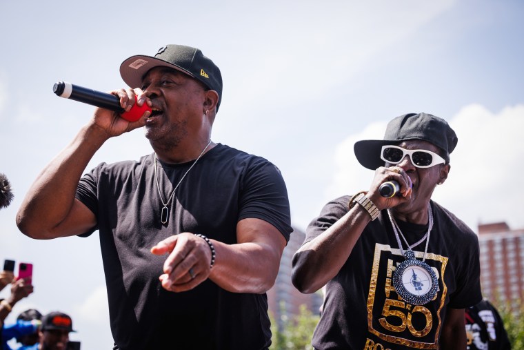Chuck D, left, and Flavor Flav of Public Enemy perform at an event to celebrate the 50th anniversary of Hip Hop on Aug. 11, 2023, in the Bronx, N.Y.