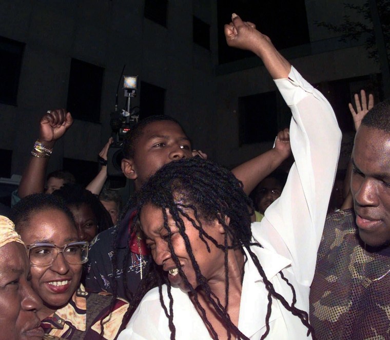 Betty Tyson celebrates after being  released from prison  in Rochester, N.Y., in 1998.