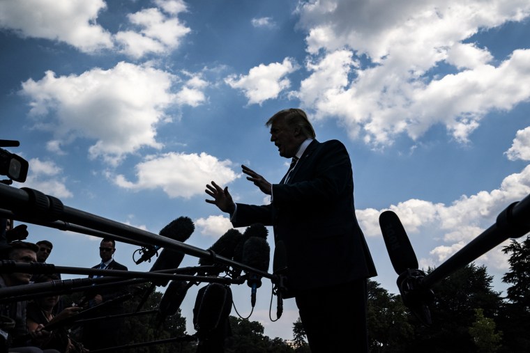 Then-President Donald J. Trump stops to talk to reporters and members of the media at the White House on July 19th, 2019.