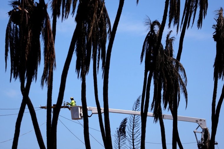 Hawaii Electric workers make repairs to electrical lines on August 17, 2023 in Lahaina, Hawaii. At least 1110 people were killed and thousands were displaced after a wind driven wildfire devastated the towns of Lahaina and Kula early last week. Crews are continuing to search for missing people.