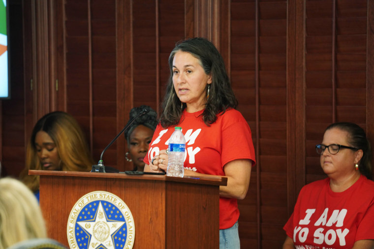 Supporters of Tulsa Public Schools speak in Oklahoma City on Thursday, Aug. 24, 2023. 