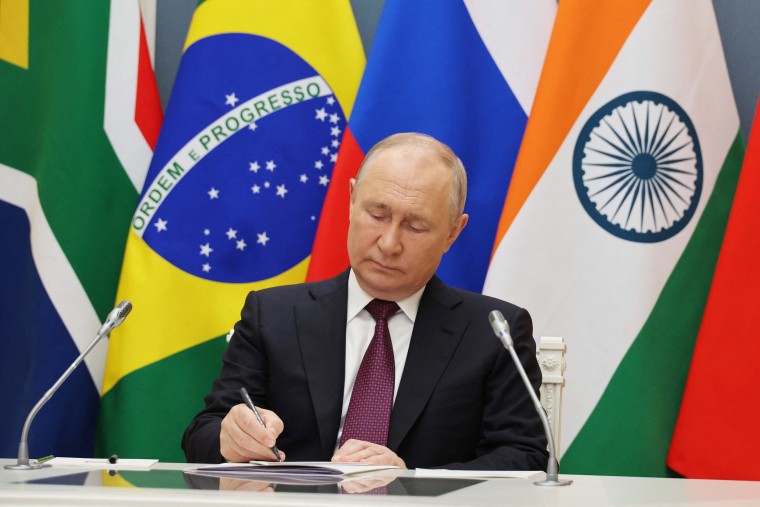 Putin attends the 2023 BRICS summit via a video link in Moscow, on August 24, 2023. 