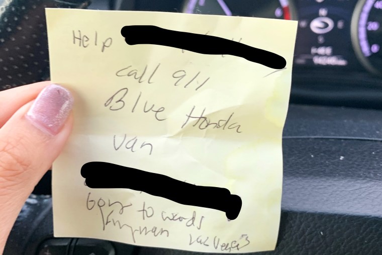 The note a gas station customer received from a woman who had been abducted out of the Phoenix area.