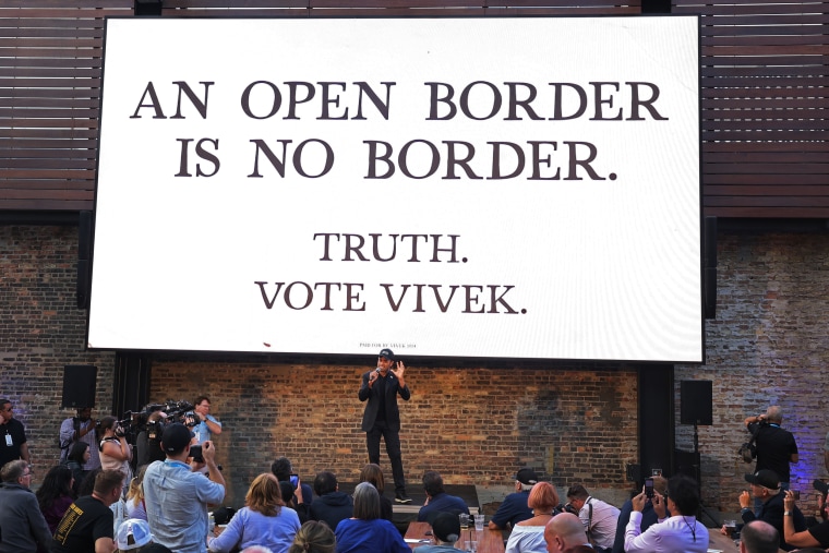 Republican presidential candidate Vivek Ramaswamy speaks at a rally near the Fiserv Forum on Aug. 22, 2023 in Milwaukee. 