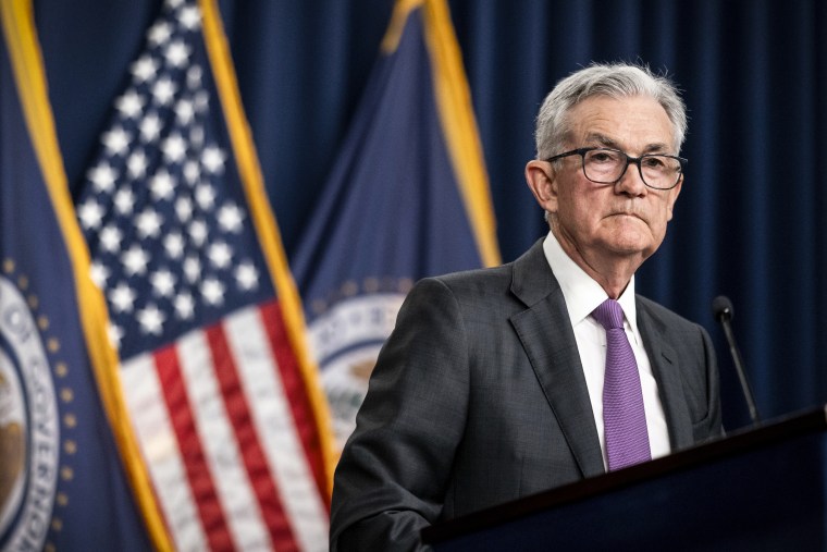 Image: Federal Reserve Chair Jerome Powell pauses during a news conference at the William McChesney Martin Jr. Federal Reserve Board Building on July 26, 2023.