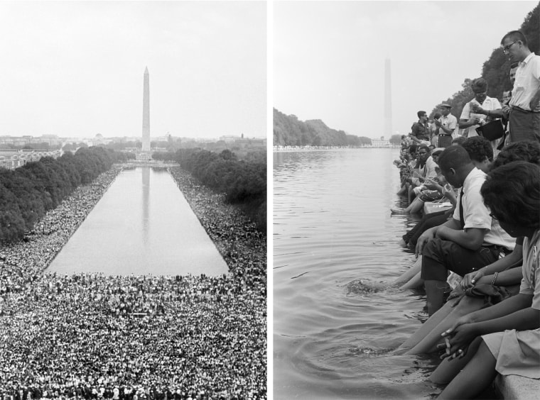 March on Washington crowd and participants with their feet in the Reflecting Pool