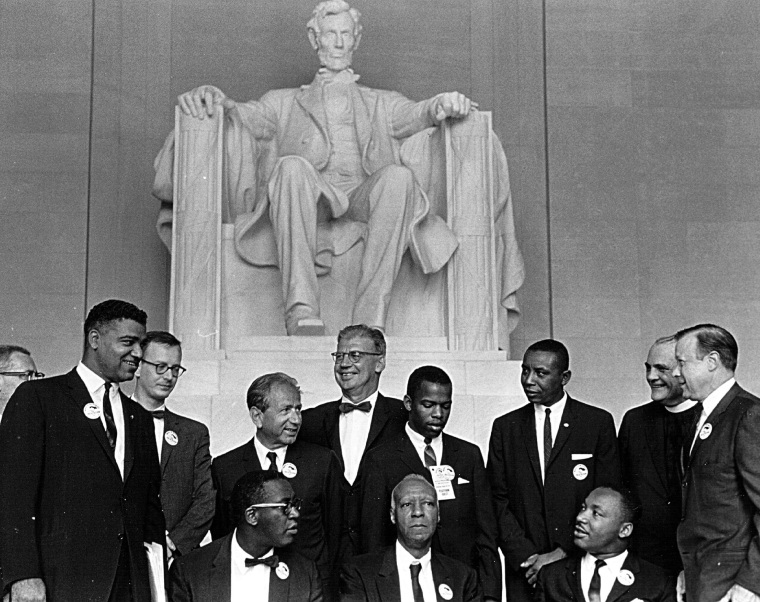 Martin Luther King Jr. and other civil rights leaders gather before the rally at the Lincoln Memorial. 