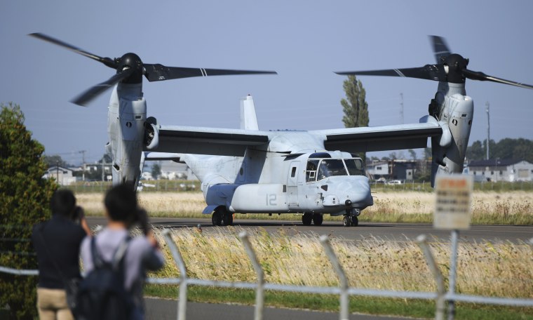 U.S. Marine Corps MV-22 Osprey is seen prior to a military drill at Okadama Airport in Sapporo City, Hokkaido Prefecture, on Sept. 30, 2022. 