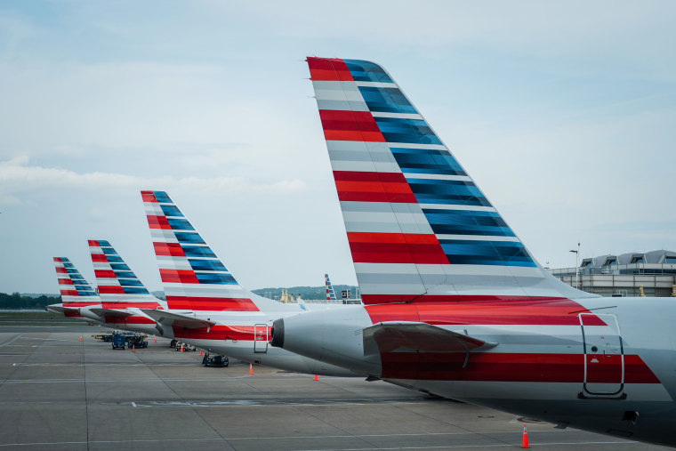 American Airline planes at Reagan National Airport in Arlington, Va., on April 27, 2023.