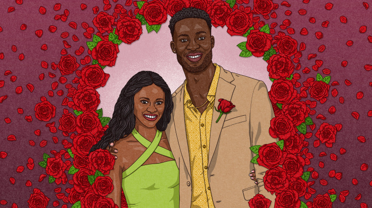 Illustration of Charity Lawson and Dotun Olubeko surrounded by a wreath of red roses.