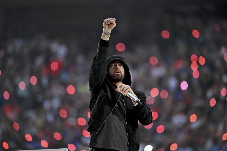 Eminem performs during halftime at the Super Bowl in 2022. 