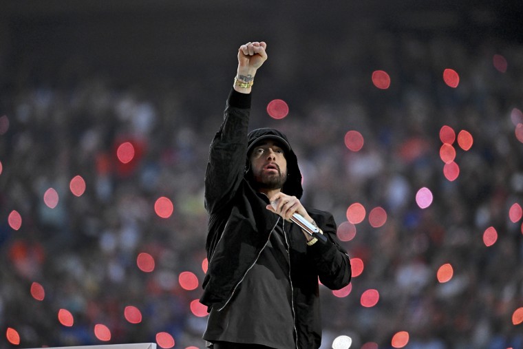 Eminem performs during halftime at the Super Bowl in 2022.