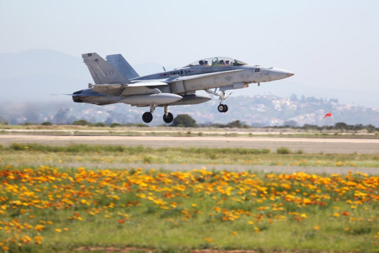 An F/A-18 Hornet with Marine Fighter Attack Squadron 314 takes off at Marine Corps Air Station Miramar, Calif.